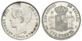 Centenario de la Peseta (1868-1931). Alfonso XIII (1886-1931). 1 peseta. 1900*19-00. Madrid. SMV. (Cal 2008-44). Ag. 5,03 g. Anverso ligeramente limpi...