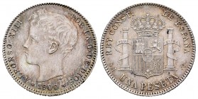 Centenario de la Peseta (1868-1931). Alfonso XIII (1886-1931). 1 pesetas. 1900*19-00. Madrid. SMV. (Cal 2008-44). Ag. 4,98 g. MBC+. Est...40,00. Engli...