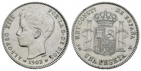 Centenario de la Peseta (1868-1931). Alfonso XIII (1886-1931). 1 peseta. 1902*19-02. Madrid. SMV. (Cal 2008-48). Ag. 4,96 g. Golpecito en el canto. Li...