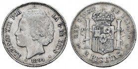 Centenario de la Peseta (1868-1931). Alfonso XIII (1886-1931). 2 pesetas. 1894*18-9_. Madrid. PGV. (Cal 2008-33). (Cal 2019-86). Ag. 9,95 g. Golpecito...