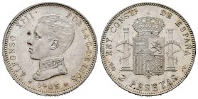 Centenario de la Peseta (1868-1931). Alfonso XIII (1886-1931). 2 pesetas. 1905*19-05. Madrid. SMV. (Cal 2008-34). Ag. 9,99 g. Rayas de limpieza. EBC. ...