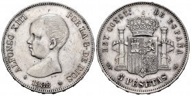 Centenario de la Peseta (1868-1931). Alfonso XIII (1886-1931). 5 pesetas. 1888. Madrid. MPM. (Cal 2008-13). (Cal 2019-92). Ag. 24,92 g. Limpiada. EBC....