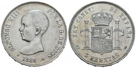 Centenario de la Peseta (1868-1931). Alfonso XIII (1886-1931). 5 pesetas. 1888 *18-88. Madrid. MPM. (Cal 2008-13). (Cal 2019-92). Ag. 24,90 g. Rayitas...