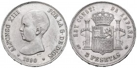 Centenario de la Peseta (1868-1931). Alfonso XIII (1886-1931). 5 pesetas. 1890*18-90. Madrid. MPM. (Cal 2008-16). Ag. 24,91 g. Limpiada. MBC+. Est...7...