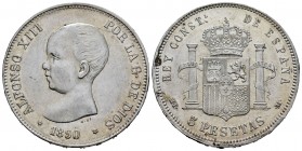 Centenario de la Peseta (1868-1931). Alfonso XIII (1886-1931). 5 pesetas. 1890*18-90. Madrid. MPM. (Cal 2008-15). (Cal 2019-95). Ag. 24,92 g. Golpecit...