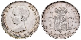 Centenario de la Peseta (1868-1931). Alfonso XIII (1886-1931). 5 pesetas. 1891*18-91. Madrid. PGM. (Cal 2008-17). (Cal 2019-98). Ag. 24,96 g. Golpes e...