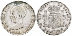Centenario de la Peseta (1868-1931). Alfonso XIII (1886-1931). 5 pesetas. 1891*18-91. Madrid. PGL. Ag. 24,97 g. Falsa de época. MBC/MBC-. Est...35,00....