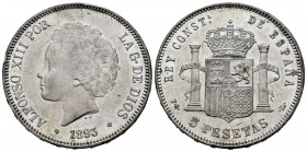 Centenario de la Peseta (1868-1931). Alfonso XIII (1886-1931). 5 pesetas. 1893*18-93. Madrid. PGL. (Cal 2008-21). (Cal 2019-102). Ag. 24,94 g. Golpes ...