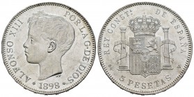 Centenario de la Peseta (1868-1931). Alfonso XIII (1886-1931). 5 pesetas. 1898. Madrid. SGV. (Cal 2008-27). (Cal 2019-109). Ag. 25,09 g. Brillo origin...