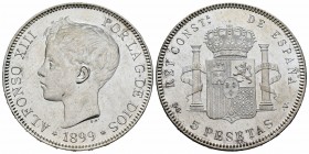 Centenario de la Peseta (1868-1931). Alfonso XIII (1886-1931). 5 pesetas. 1899*18-99. Madrid. SGV. (Cal 2008-28). (Cal 2019-110). Ag. 24,99 g. Brillo ...