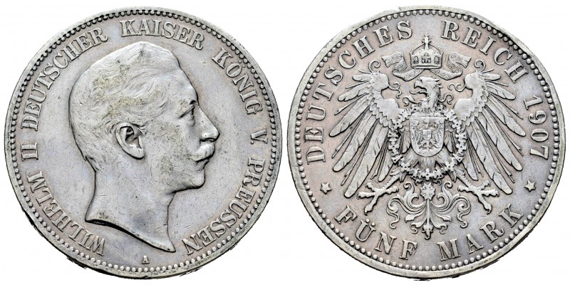 Alemania. Prussia. Wilhelm II. 5 marcos. 1907. Berlín. A. (Km-523). Ag. 27,65 g....