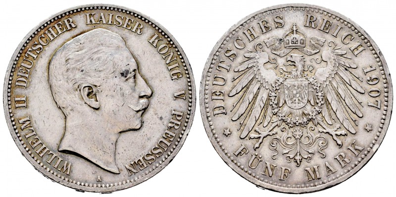 Alemania. Prussia. Wilhelm II. 5 marcos. 1907. Berlín. A. (Km-523). Ag. 27,72 g....