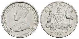 Australia. George V. 6 pence. 1917. Melbourne. M. (Km-25). Ag. 2,81 g. MBC+. Est...18,00. English: Australia. George V. 6 pence. 1917. Melbourne. M. (...