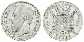 Bélgica. Leopold II. 1 franco. 1886. (Km-29.1). Ag. 4,94 g. Leyenda en flamenco. MBC-. Est...20,00. English: Belgium. 1 franco. 1886. (Km-29.1). Ag. 4...