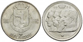Bélgica. Leopold III. 100 francos. 1950. (Km-138.1). Ag. 17,84 g. EBC. Est...20,00. English: Belgium. Leopold III. 100 francos. 1950. (Km-138.1). Ag. ...