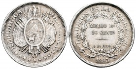 Bolivia. 50 centavos. 1893. Potosí. CB. (Km-161.5). Ag. 11,44 g. Golpes. MBC-. Est...18,00. English: Bolivia. 50 centavos. 1893. Potosí. CB. (Km-161.5...