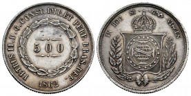 Brasil. Pedro II. 500 reis. 1862. (Km-464). Ag. 6,35 g. MBC+. Est...20,00. English: Brazil. Petrus II. 500 reis. 1862. (Km-464). Ag. 6,35 g. Choice VF...