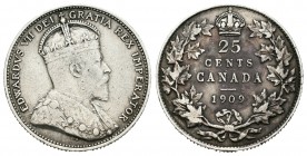 Canadá. Edward VII. 25 cents. 1909. (Km-11). Ag. 5,80 g. MBC-. Est...35,00. English: Canada. Edward VII. 25 cents. 1909. (Km-11). Ag. 5,80 g. Almost V...