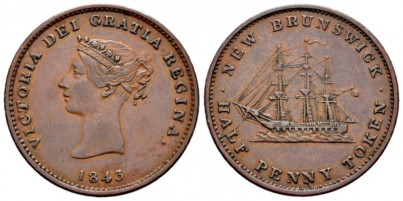 Canadá. Victoria. Token (1/2 penny). 1843. New Brunswick. (Km-1). Ae. 8,77 g. MB...