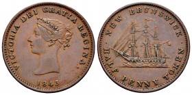 Canadá. Victoria. Token (1/2 penny). 1843. New Brunswick. (Km-1). Ae. 8,77 g. MBC+. Est...20,00. English: Canada. Victoria Queen. Token (1/2 penny). 1...