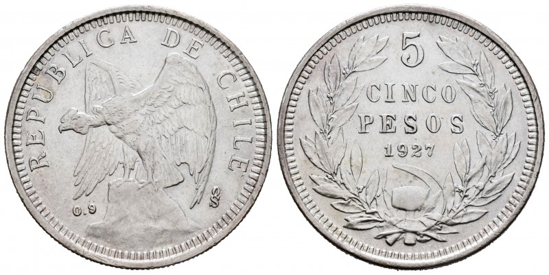 Chile. 5 pesos. 1927. Santiago. (Km-173.1). Ag. 24,94 g. Golpecitos en el canto....