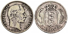 Dinamarca. Christian IX. 2 coronas. 1876. (Km-798.1). Ag. 14,63 g. Golpes en el canto. BC. Est...15,00. English: Denmark. Christian IX. 2 coronas. 187...