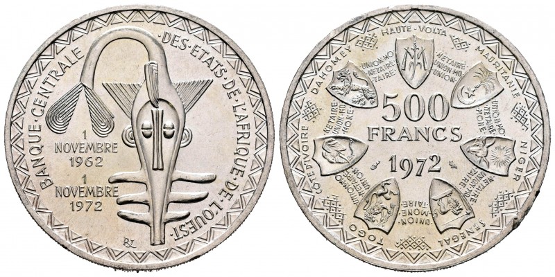 Estados Africanos del Oeste. 500 francos. 1972. (Km-7). Ag. 24,98 g. 10º Anivers...