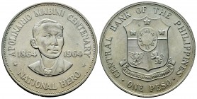 Filipinas. 1 peso. 1964. (Km-194). Ag. 26,81 g. Centenario de Apolinario Mabini, héroe nacional. SC-. Est...18,00. English: Philippines. 1 peso. 1964....
