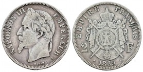 Francia. Napoleón III. 2 francos. 1869. París. A. (Km-807.1). Ag. 9,76 g. BC+. Est...20,00. English: France. Napoleon III. 2 francos. 1869. Paris. A. ...