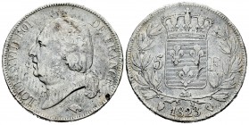 Francia. Louis XVIII. 5 francos. 1823. Perpignan. Q. (Km-711.1). (Gad-614). Ag. 24,61 g. Golpes . BC. Est...25,00. English: France. Louis XVIII. 5 fra...