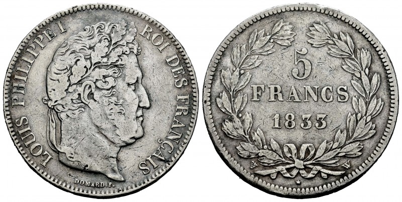 Francia. Louis Philippe I. 5 francos. 1833. Lille. W. (Km-749.13). (Gad-678). Ag...