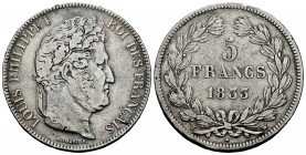 Francia. Louis Philippe I. 5 francos. 1833. Lille. W. (Km-749.13). (Gad-678). Ag. 24,32 g. BC+. Est...25,00. English: France. Louis Philippe I. 5 fran...
