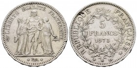 Francia. III República. 5 francos. 1873. Burdeos. K. (Km-820.2). (Gad-745a). Ag. 24,83 g. Golpecitos en el canto. MBC-. Est...20,00. English: France. ...