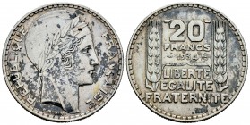 Francia. 20 francos. 1934. (Km-879). (Gad-852). Ag. 19,90 g. MBC+. Est...18,00. English: France. 20 francos. 1934. (Km-879). (Gad-852). Ag. 19,90 g. C...