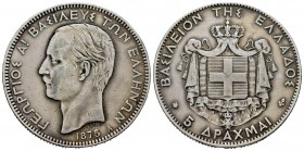 Grecia. George I. 5 dracmas. 1875. (Km-46). Ag. 24,75 g. Limpiada. MBC-. Est...30,00. English: Greece. George I. 5 dracmas. 1875. (Km-46). Ag. 24,75 g...