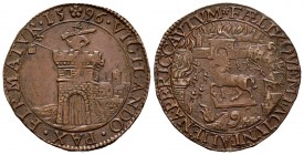 Holanda. Jetón. 1596. Dordrecht. (Dugn-3394). Rev.: Caballo troyano dentro de la ciudad en llamas, alrededor FAELIX QVEM FACIVNT ALIENA PERICCAVTVM. A...