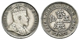 Hong Kong. Edward VII. 5 cents. 1904. (Km-12). Ag. 1,38 g. MBC+. Est...15,00. English: Hong Kong. Edward VII. 5 cents. 1904. (Km-12). Ag. 1,38 g. Choi...