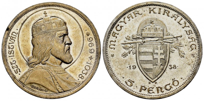 Hungría. 5 pengo. 1938. Budapest. BP. (Km-516). Ag. 24,94 g. 900º Aniversario de...