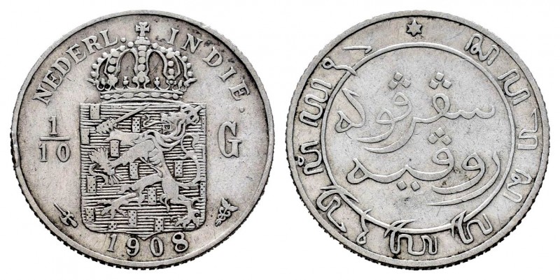 India Holandesa. Wilhelmina. 1/10 gulden. 1908. (Km-309). Ag. 1,23 g. MBC+. Est....