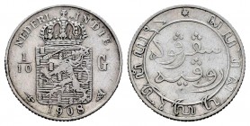 India Holandesa. Wilhelmina. 1/10 gulden. 1908. (Km-309). Ag. 1,23 g. MBC+. Est...15,00. English: Dutch India. Wilhelmina. 1/10 gulden. 1908. (Km-309)...