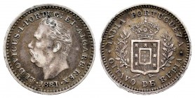 India Portuguesa. Luiz I. 1/8 rupia. 1881. (Km-309). (Gomes-11.01). Ag. 1,46 g. MBC-. Est...20,00. English: Portuguese India. Luiz I. 1/8 rupia. 1881....