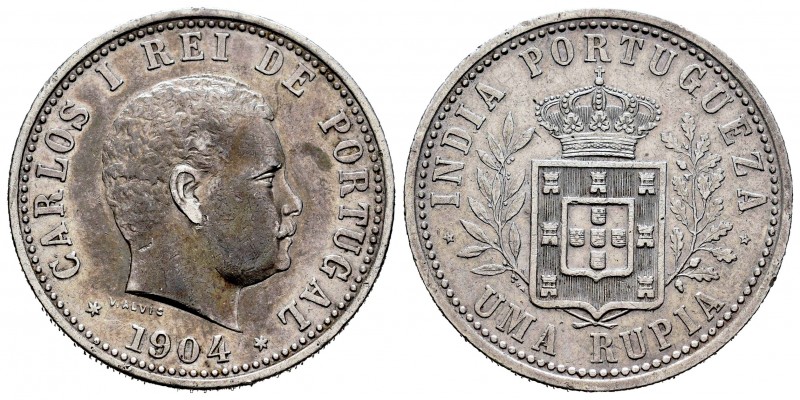 India Portuguesa. Carlos I. 1 rupia. 1904. (Km-17). (Gomes-05.02). Ag. 11,70 g. ...