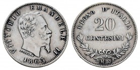 Italia. Vittorio Emanuele II. 20 centesimi. 1863. Milán. M/BN. (Km-131.1). (Pagani-535). (Mont-226). Ag. 0,98 g. Limpiada. MBC+. Est...20,00. English:...