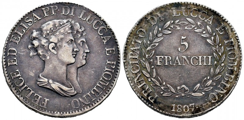 Italia. Ducado de Lucca. 5 franchi. 1807. (Km-24.3). (Pagani-253). Ag. 24,69 g. ...