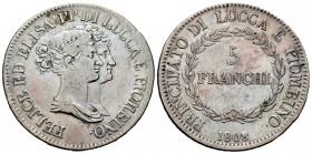 Italia. Ducado de Lucca. 5 franchi. 1808/7. (Km-24.3). Ag. 24,69 g. MBC. Est...130,00. English: Italy. Lucca. 5 franchi. 1808/7. (Km-24.3). Ag. 24,69 ...
