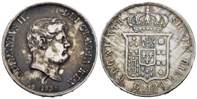 Italia. Nápoles y Sicilia. Ferdinand II. 120 grana. 1855. (Km-370). (Pagani-84). (Mont-821). Ag. 27,39 g. Pátina irregular. Golpecitos en el canto. EB...