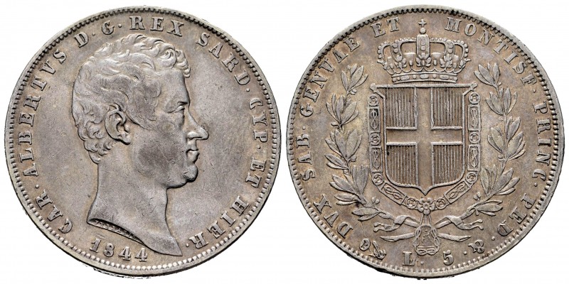 Italia. Sardeña. Carlo Alberto. 5 liras. 1844. Génova. (Km-130.2). (Pagani-255)....