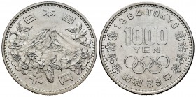Japón. Hirohito. 1000 yen. 1964. (Km-80). Ag. 19,96 g. Juegos Olímpicos. SC-. Est...30,00. English: Japan. Hirohito. 1000 yen. 1964. (Km-80). Ag. 19,9...