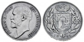 Liechtenstein. Johann II. 1 corona. 1904. (Km-Y2). Ag. 5,00 g. MBC. Est...30,00. English: Liechtenstein. Johann II. 1 corona. 1904. (Km-Y2). Ag. 5,00 ...