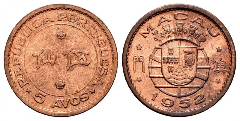Macau. 5 avos. 1952. (Km-1). (Gomes-01.01). Ae. 1,98 g. Restos de brillo origina...